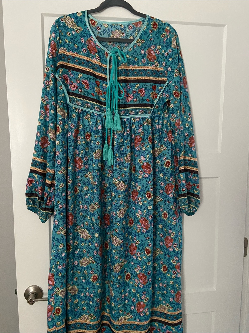 Boho Teal Floral Long-Sleeve Dress